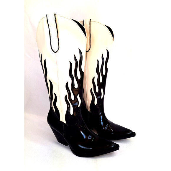 Zara Shoes Nwt Twotone Blackcream Zara Cowboy Boots W Contrast
